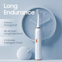Sonic Electric Toothbrush with USB Charger, White, Rose Gold Accents, 3 Intelligent Modes, 45-60 Days Battery Life, Waterproof, Smart Timer, 3 Brush Heads