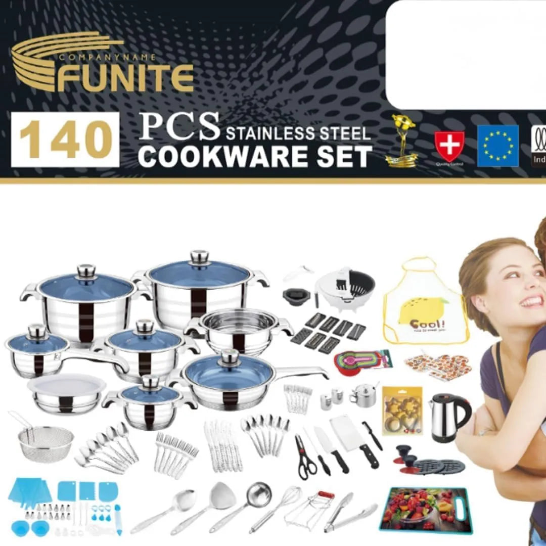 FUNITE CulinaryElite 140 Series Stainless Steel Cookware Set, 140 Pieces, Induction Compatible, Blue Glass Lids