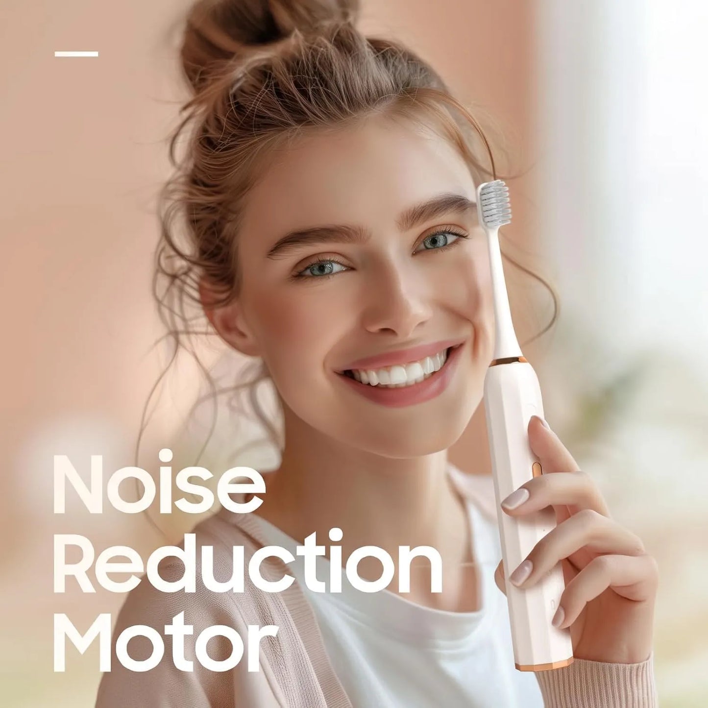 Sonic Electric Toothbrush with USB Charger, White, Rose Gold Accents, 3 Intelligent Modes, 45-60 Days Battery Life, Waterproof, Smart Timer, 3 Brush Heads