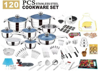 FUNITE 120 Piece Stainless Steel Cookware Set with Blue Glass Lids, Induction Compatible, Complete Kitchen Utensils and Bakeware