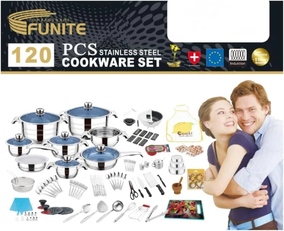 FUNITE 120 Piece Stainless Steel Cookware Set with Blue Glass Lids, Induction Compatible, Complete Kitchen Utensils and Bakeware