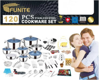 FUNITE 120 Piece Stainless Steel Cookware Set with Blue Glass Lids, Induction Compatible, Complete Kitchen Utensils and Bakeware