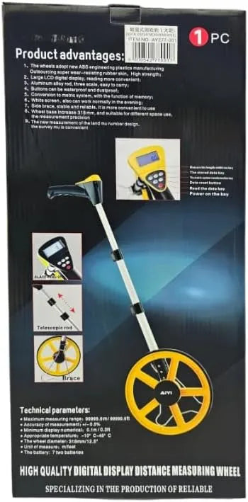 Digital Distance Measuring Wheel with Large LCD Display - 12.5-Inch Collapsible Surveying Wheel with Telescopic Handle & Kickstand - High Precision Metric/Feet Conversion AY277-001