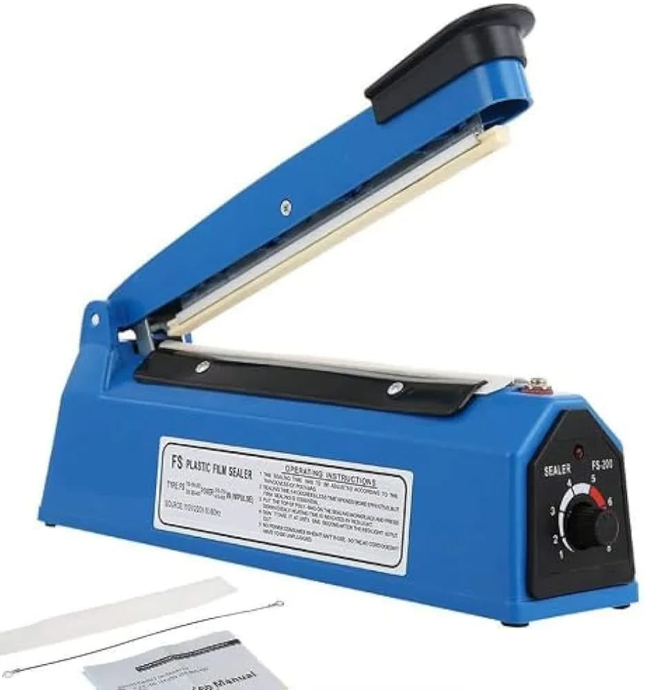 Blue impulse sealer with manual on a white background