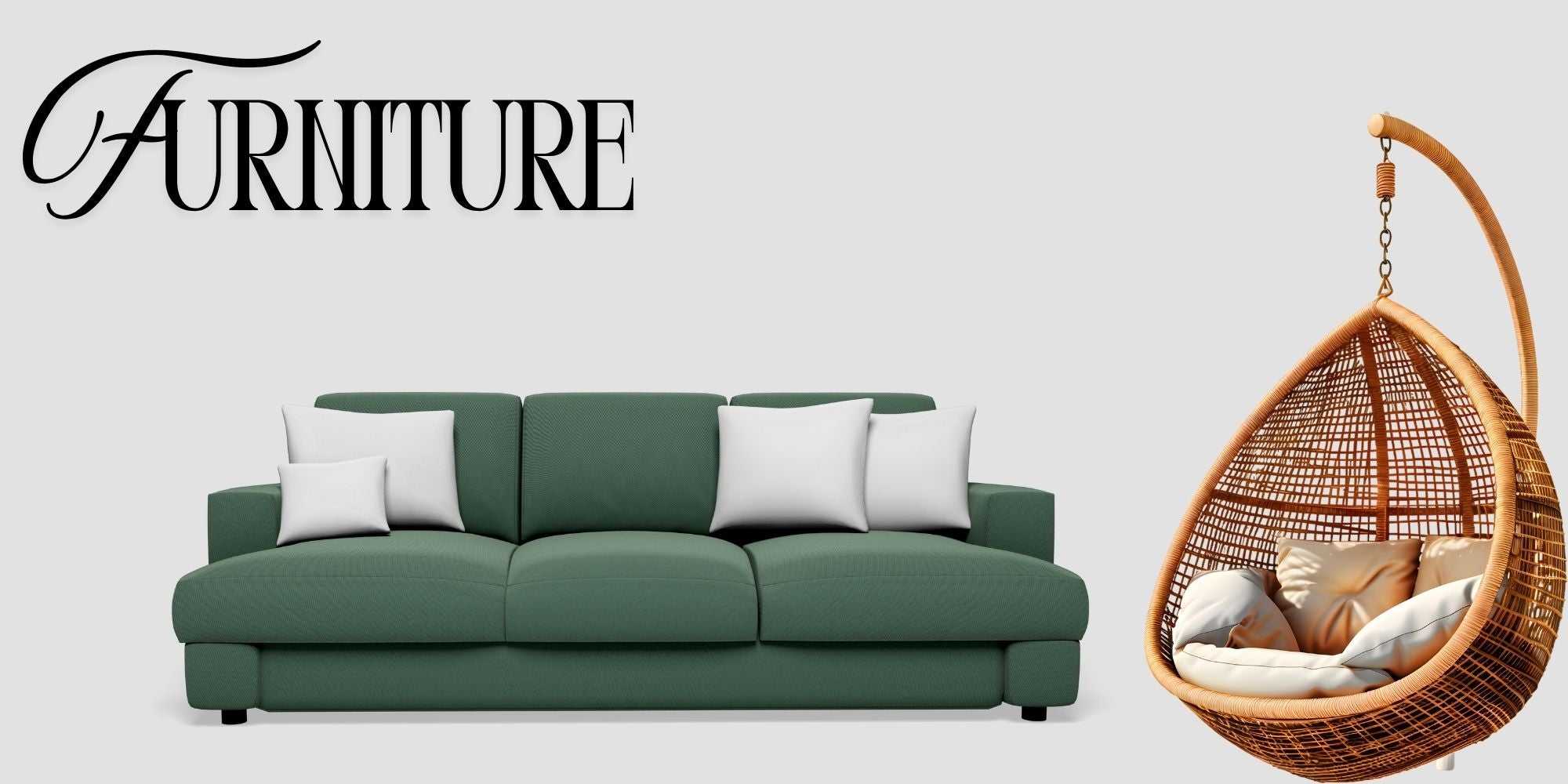 Green sofa with white cushions and a hanging wicker chair on a light gray background.