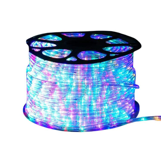 Spool of multicolored LED rope lights on a white background