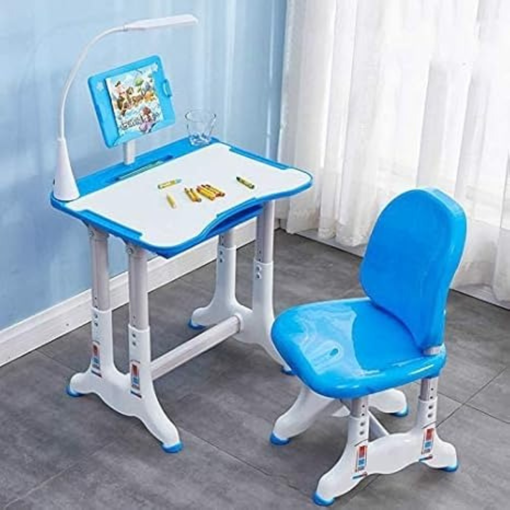 Height Adjustable Kids Study Desk and Chair Set with Bookstand & LED Light – Blue